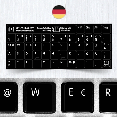Německé přelepky celých kláves na černém pozadí (rozšířená verze)