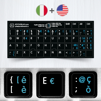 Italské a anglické přelepky na klávesnici na černém pozadí 