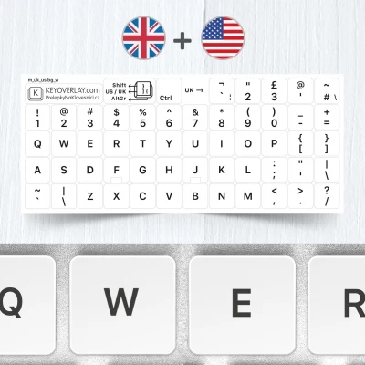  Britská a americká klávesnice – přelepky kláves na bílém pozadí