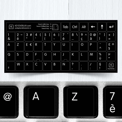Francouzština (AZERTY) – celé přelepky kláves na černém pozadí