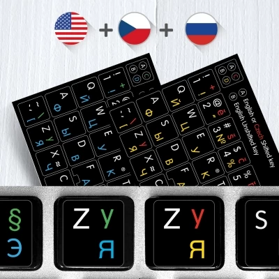 Ruské, České a Anglické přelepky celých kláves na černém pozadí