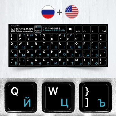Ruské přelepky spolu s anglickým US rozložením na černém pozadí