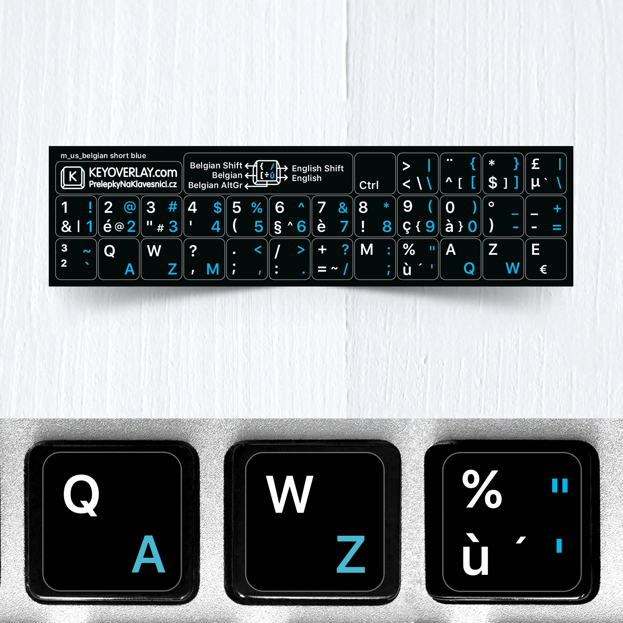 Belgické (AZERTY) a anglické přelepky na černém pozadí (zkrácená verze)