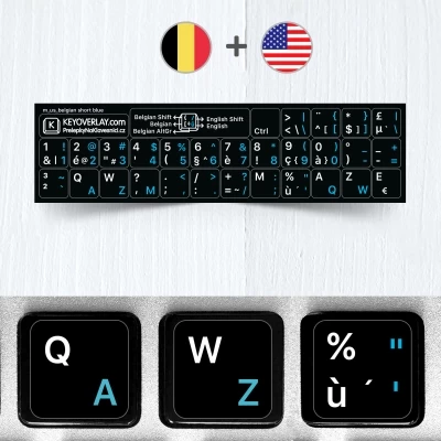 Belgické (AZERTY) a anglické přelepky na černém pozadí (zkrácená verze)